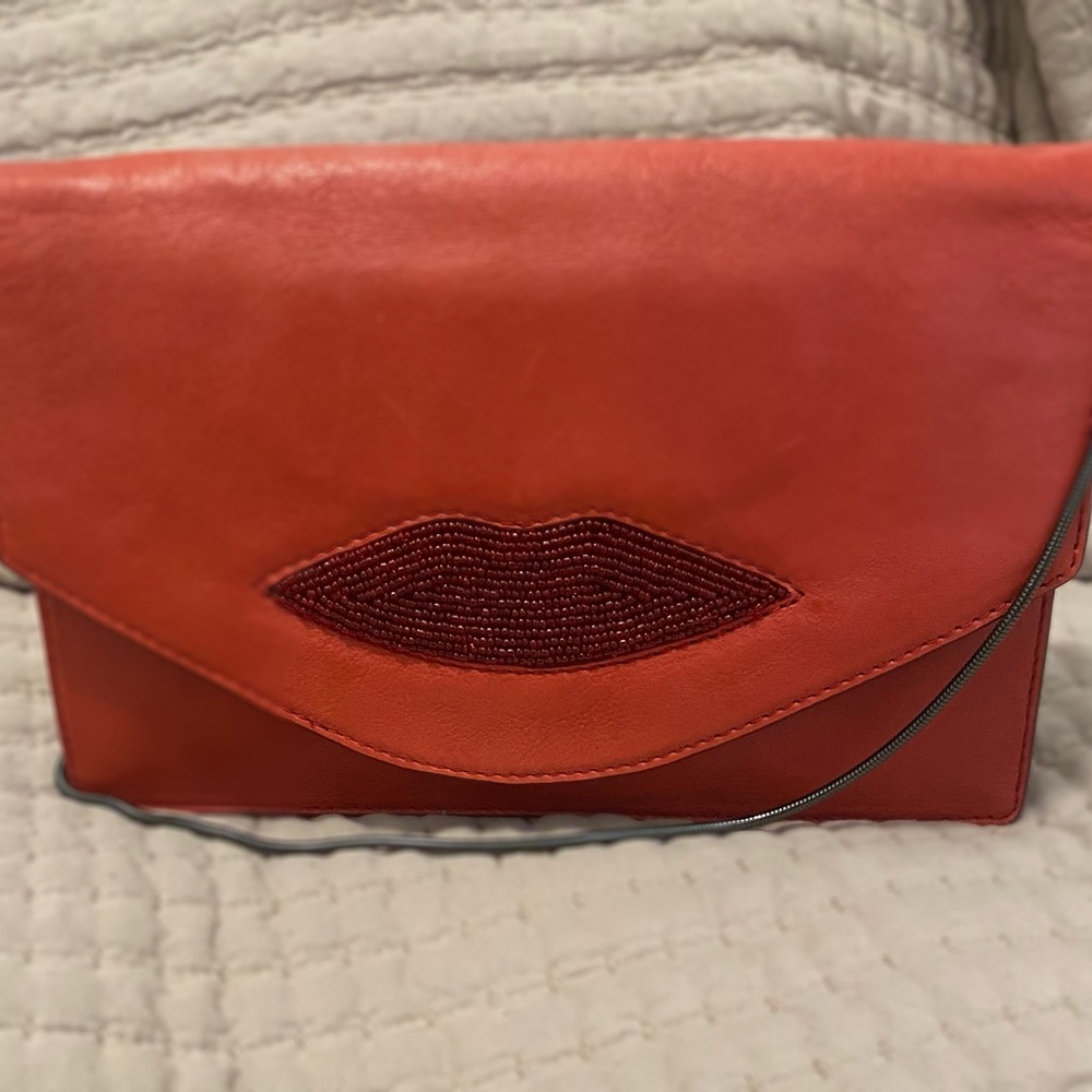 Stylish Red Leather Clutch with Lip Detail